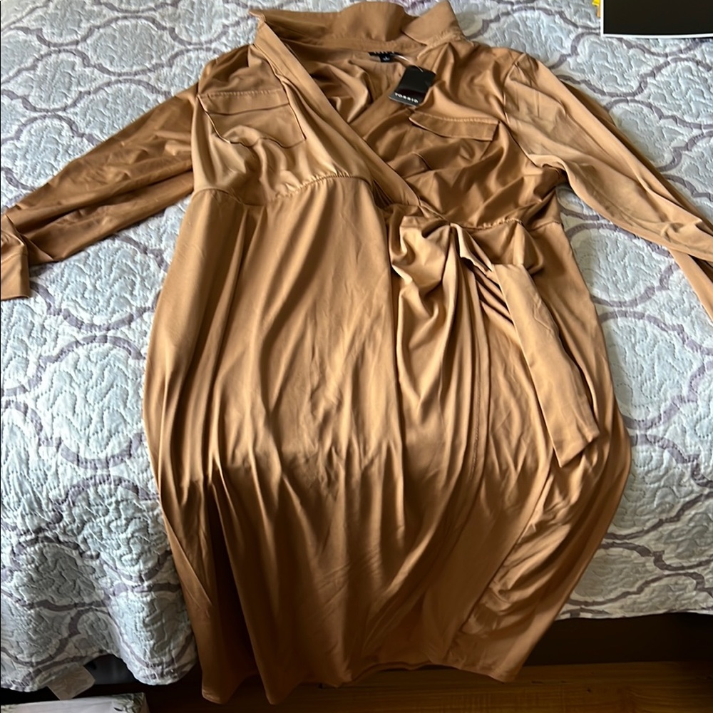 Torrid Tan Long Sleeve Tie Front Sundress